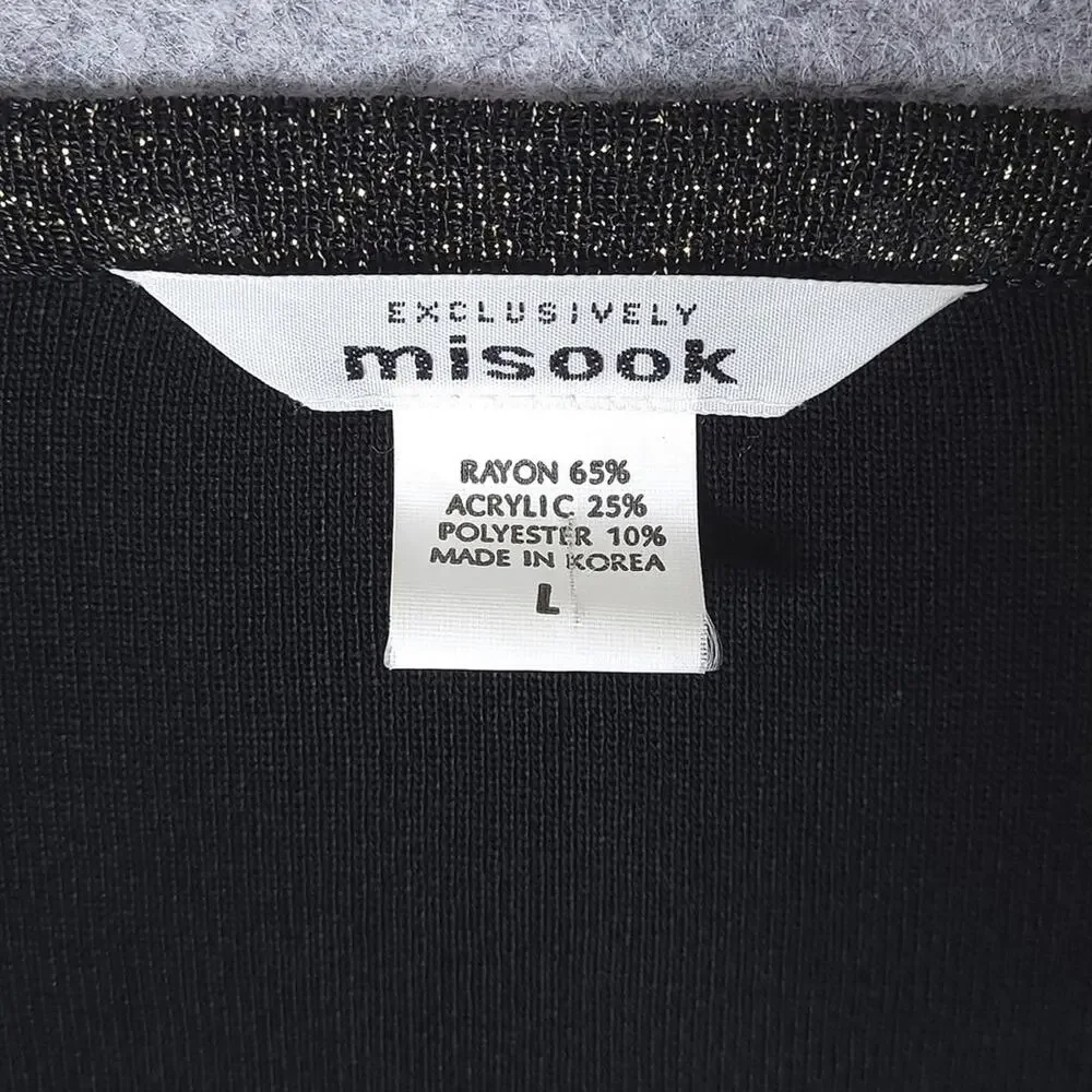 Misook Black Knit Tunic Top Womens Size Large V-Neck 3/4 Sleeve Gold Trim